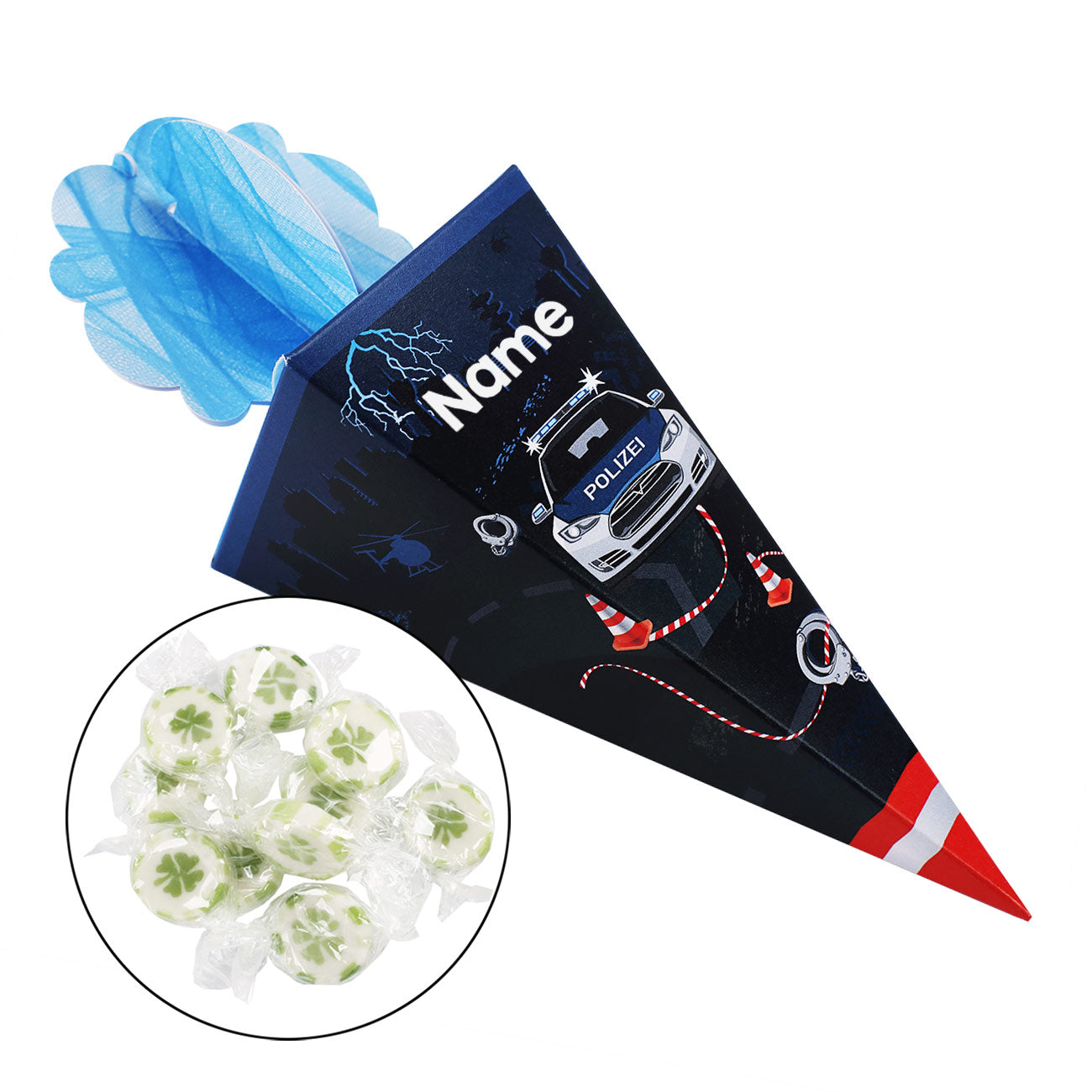 Kleine Schultüte mit Polizei Motiv und Name bedruckt mit 10 Bonbons