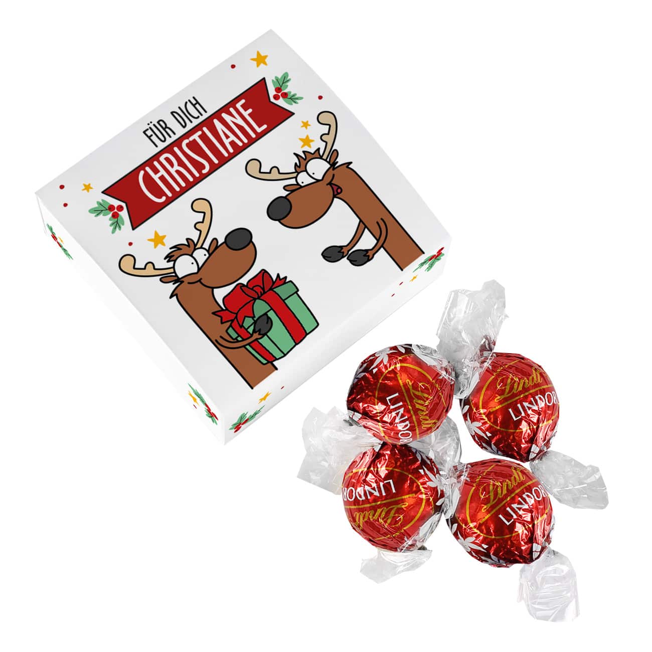Pralinen Weihnachten - Faltschachtel mit Name und 4 Lindorkugeln