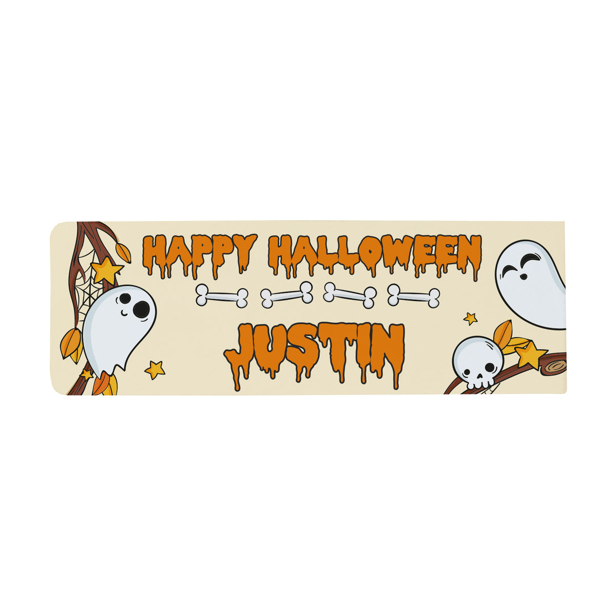 Freigestellte Halloween-Geschenkverpackung für duplo Riegel mit Namen Justin, Geistern, Spinnennetz und Knochen