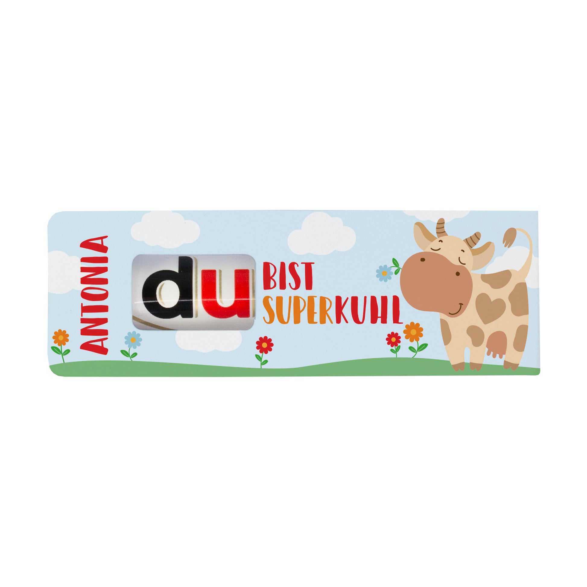 duplo Schokoriegel mit personalisierter Kinderverpackung auf hellem Hintergrund