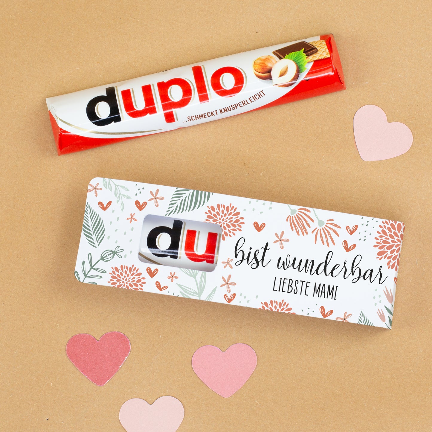 duplo Riegel mit floraler Geschenkverpackung und Schriftzug Du bist wunderbar liebste Mami