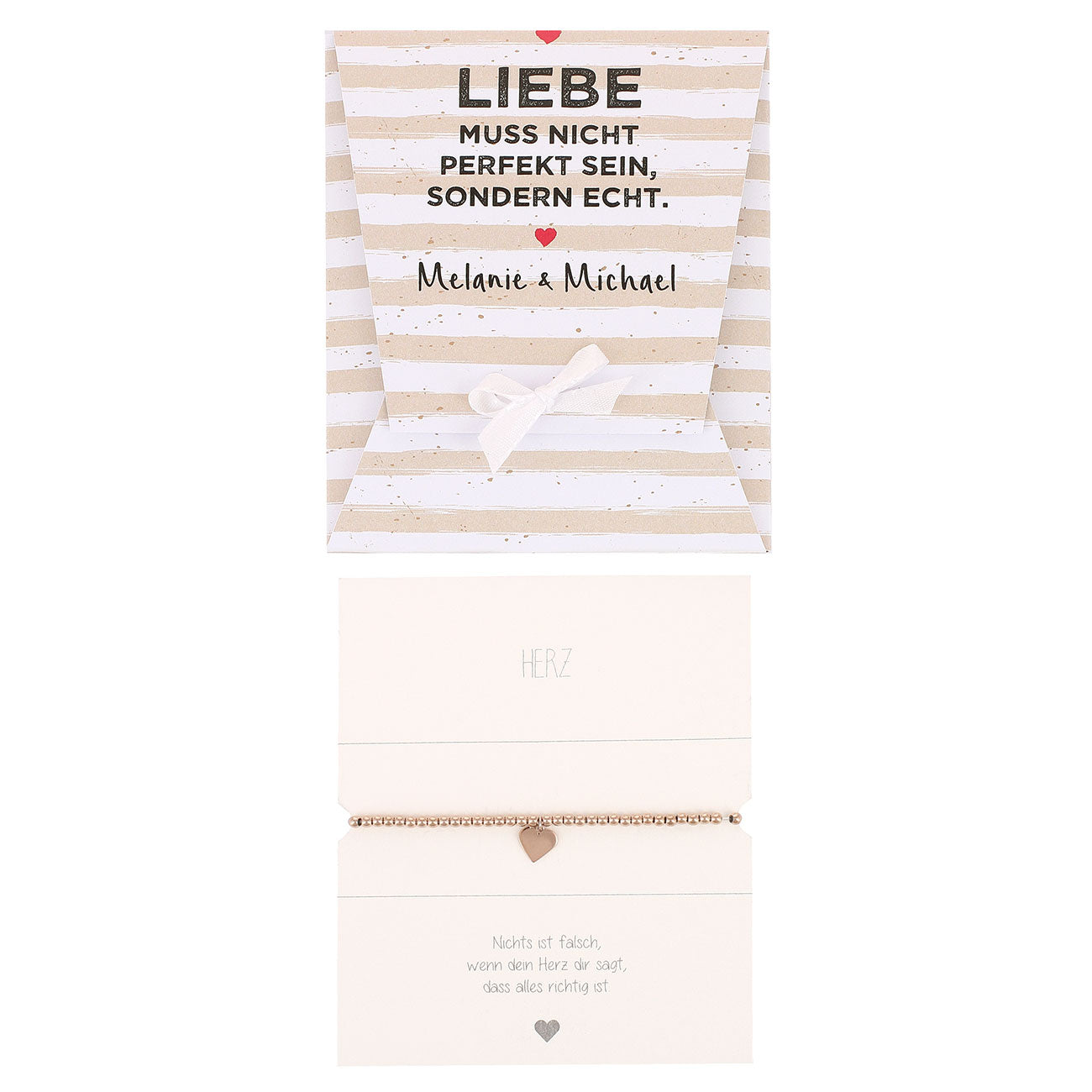 Herzarmband mit Verpackung - Liebe muss echt sein - freigestellt auf weißem Hintergrund