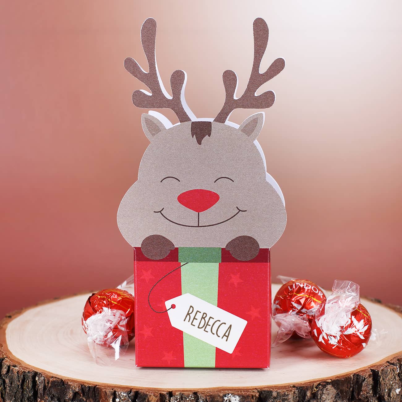 Rentier Faltschachtel zu Weihnachten mit Lindor Kugeln