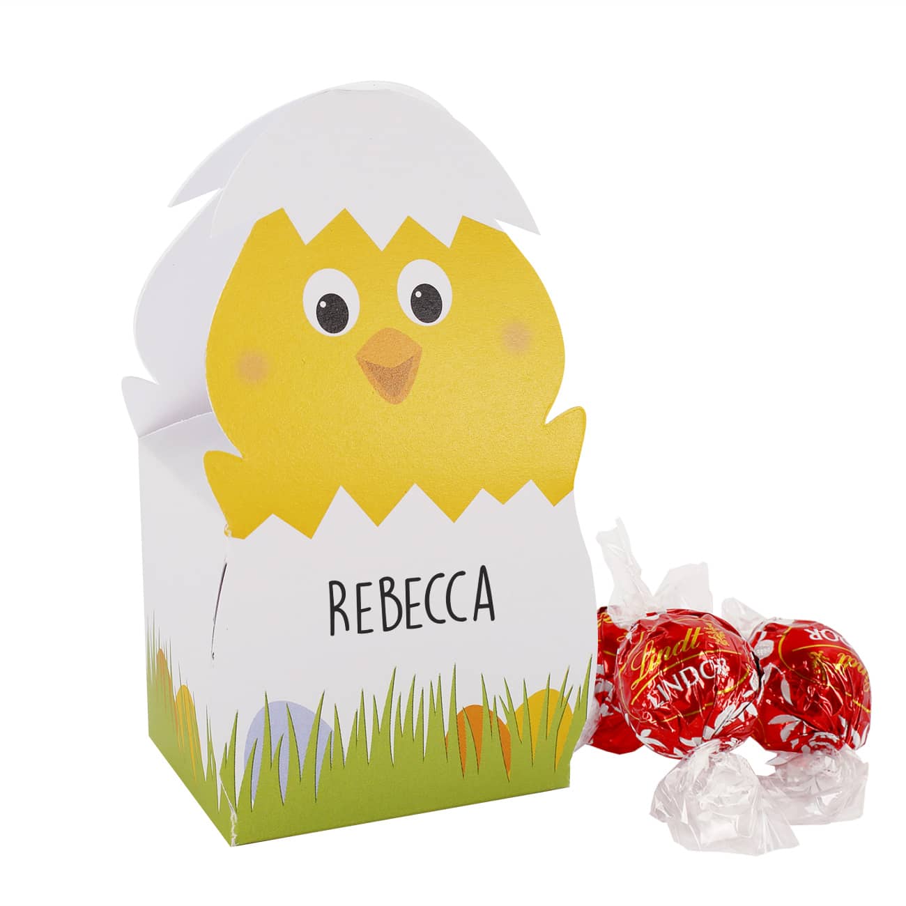 Faltschachtel zu Ostern mit 3 Lindorkugeln und Ihrem Wunschnamen
