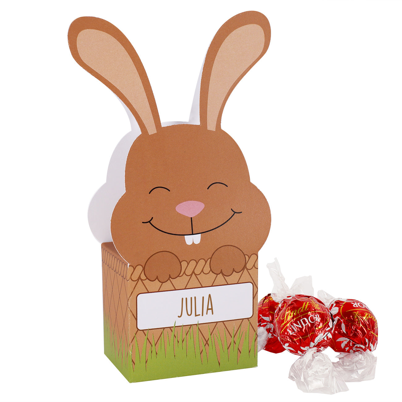 Faltschachtel zu Ostern mit 3 Lindorkugeln und Ihrem Wunschnamen