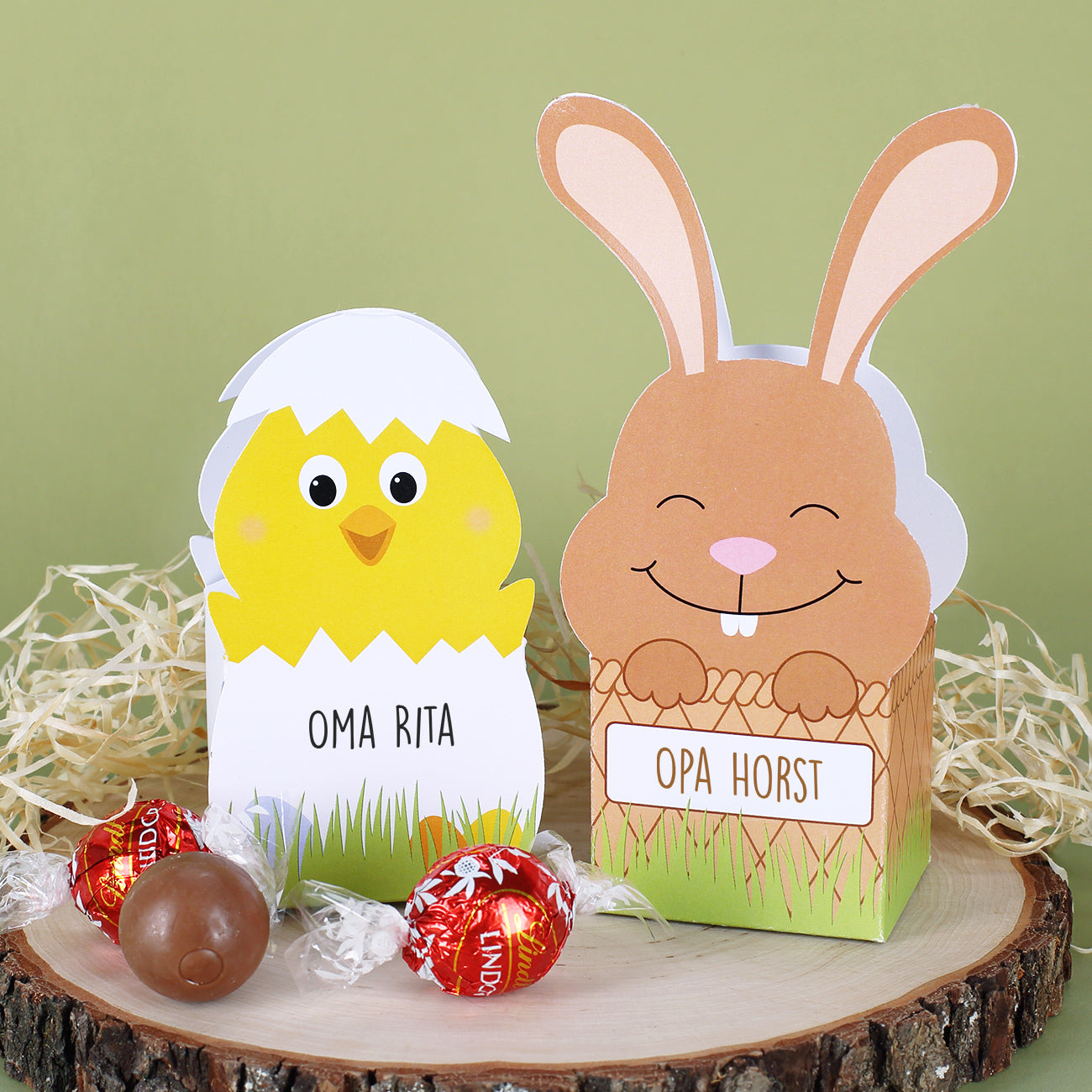Faltschachtel zu Ostern mit 3 Lindorkugeln und Ihrem Wunschnamen