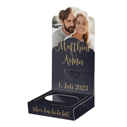 Romantischer und edler Faltaufsteller zur Hochzeit  "Schön, dass du da bist" mit Foto, Namen und Datum