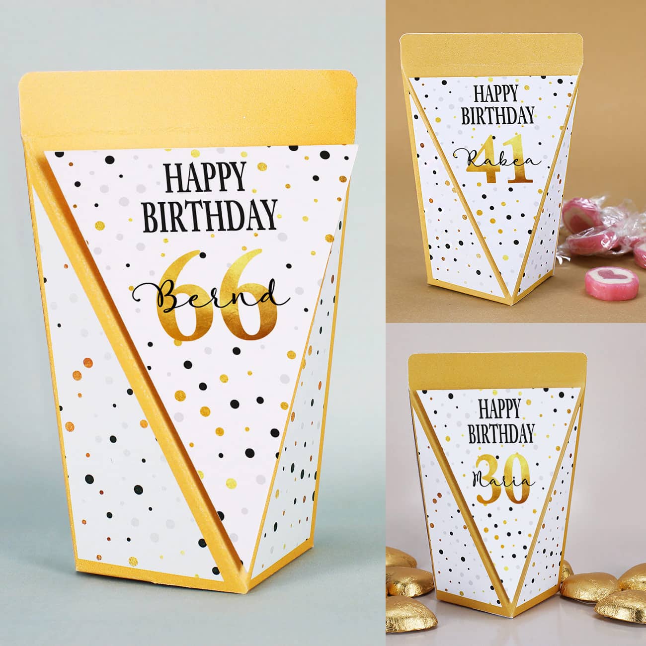 Kleine Geschenktüte zum Geburtstag mit Name und Alter personalisiert - befüllt mit Bonbons, Schokolade oder unbefüllt