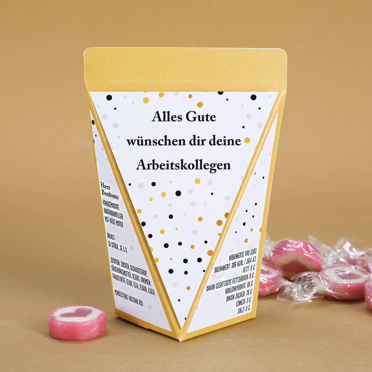 Befüllte Geschenktüte zum Geburtstag mit Herz Bonbons und Wunschtext