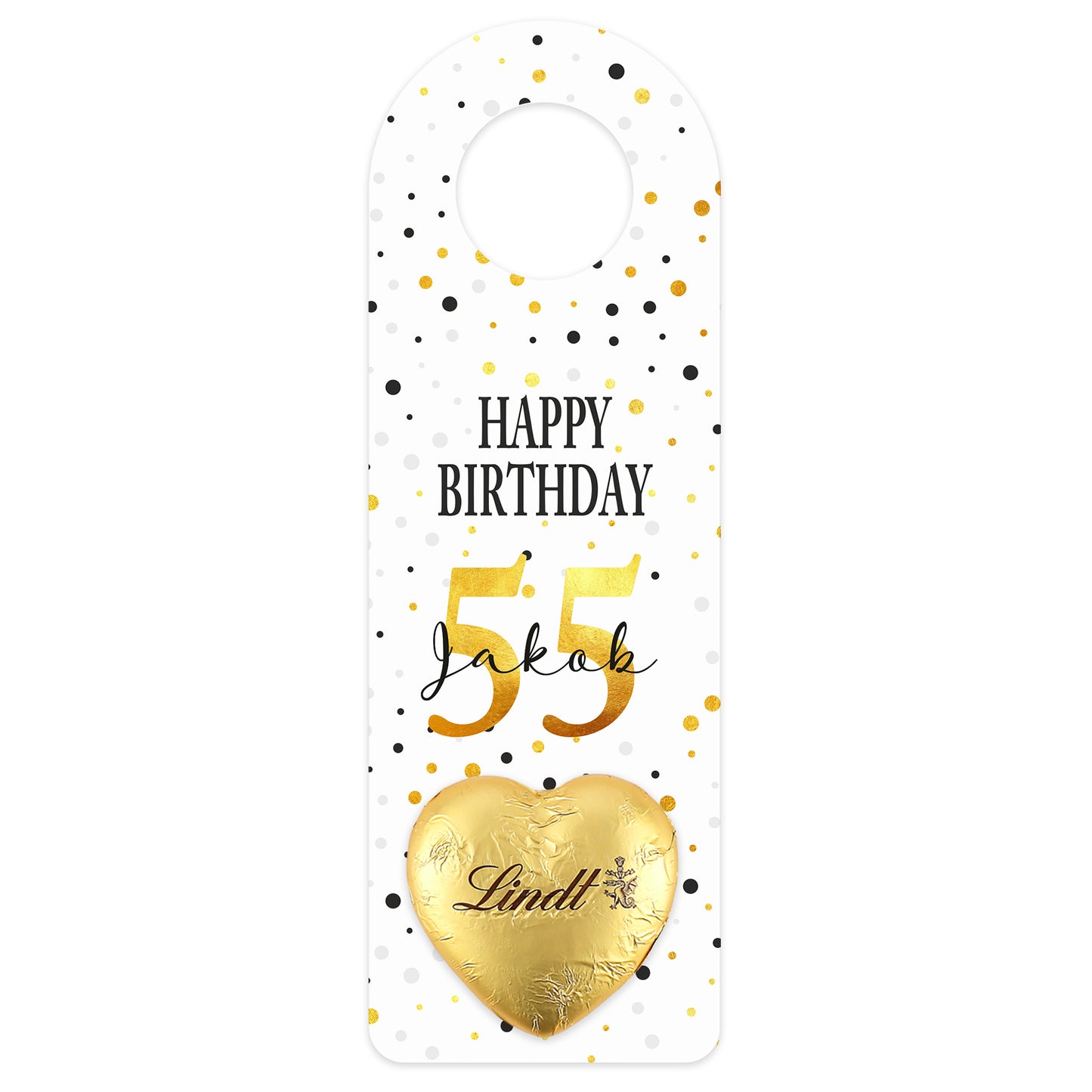Großer Flaschenanhänger mit „Happy Birthday“-Schriftzug und Konfetti-Design, freigestellt auf weißem Hintergrund.