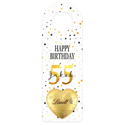 Großer Flaschenanhänger mit „Happy Birthday“-Schriftzug und Konfetti-Design, freigestellt auf weißem Hintergrund.