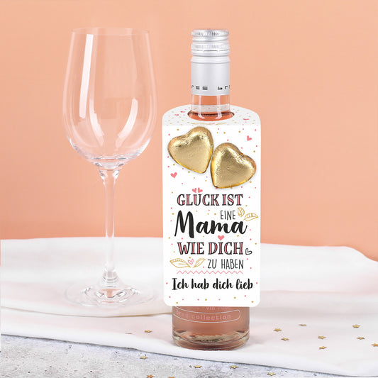 Flaschenanhänger auf Roséweinflasche mit Spruch „Ich hab dich lieb“ zum Muttertag