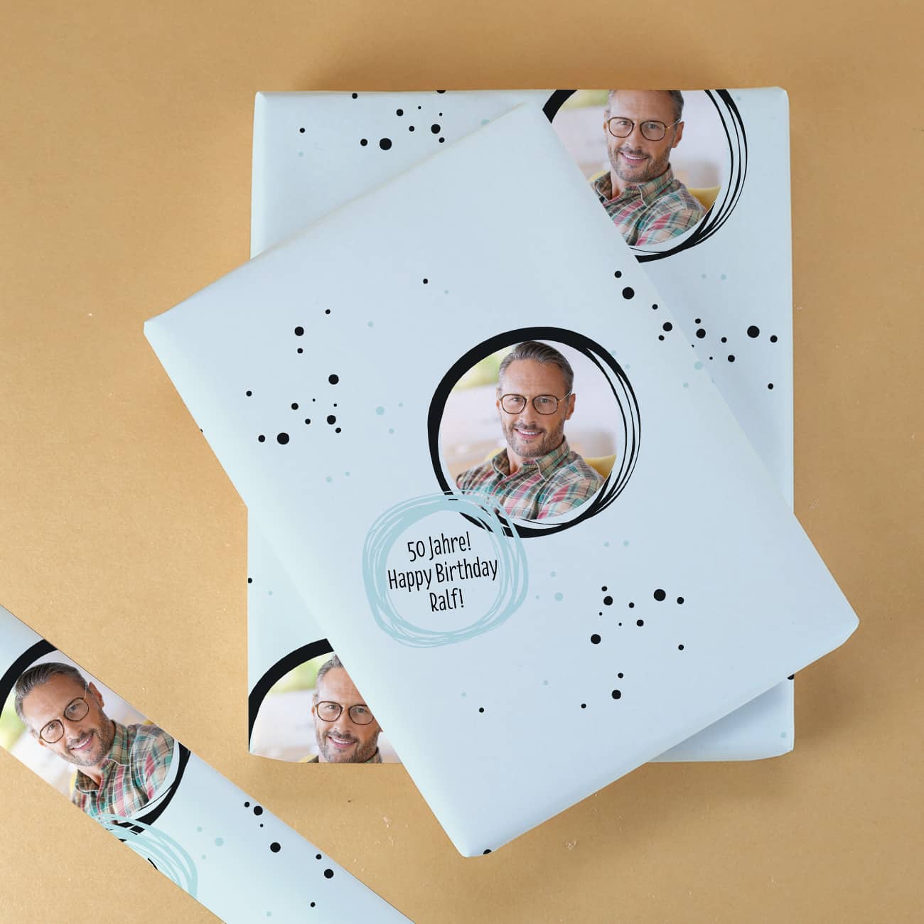 Geschenkpapier mit Foto und Wunschtext zu vielen Anlässen