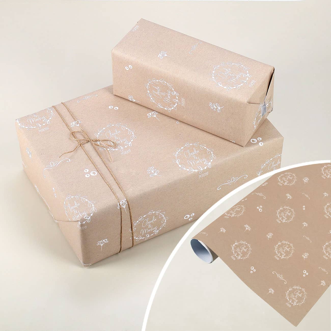 Braunes Geschenkpapier mit weißen Elementen zur Hochzeit