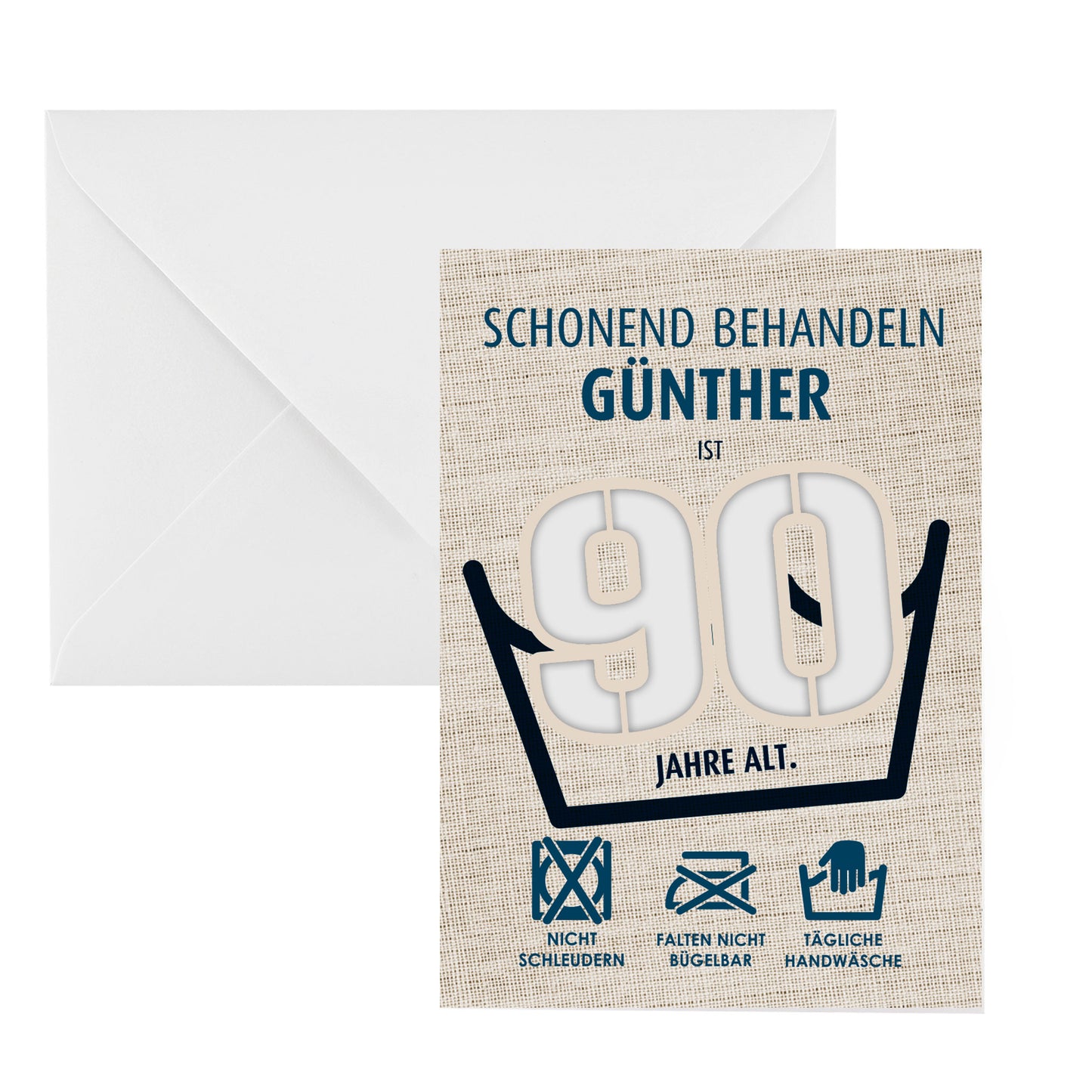 Klappkarte zum 90. Geburtstag mit dem Namen Günther und Waschanleitungssymbolen, daneben ein weißer Briefumschlag.