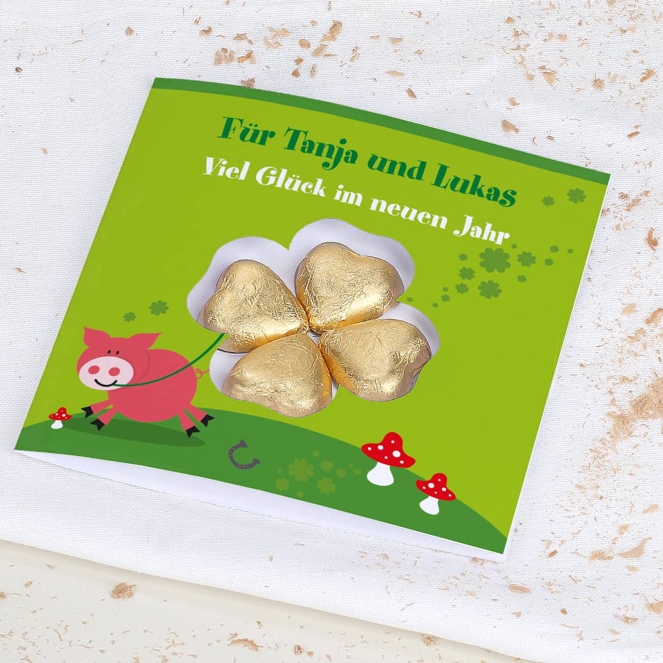 Viel Glück - Karte mit Lindt Schokoladen-Kleeblatt und Wunschtext