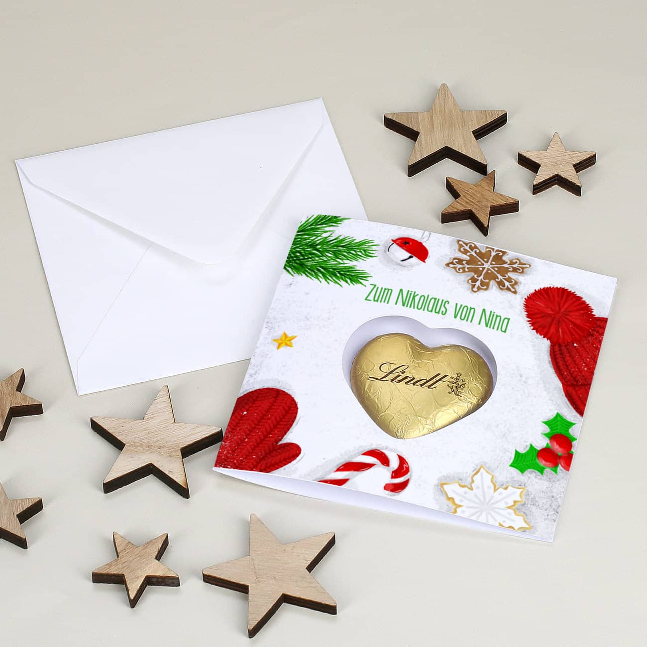 Winterliche Karte mit Lindt Schoko Herz
