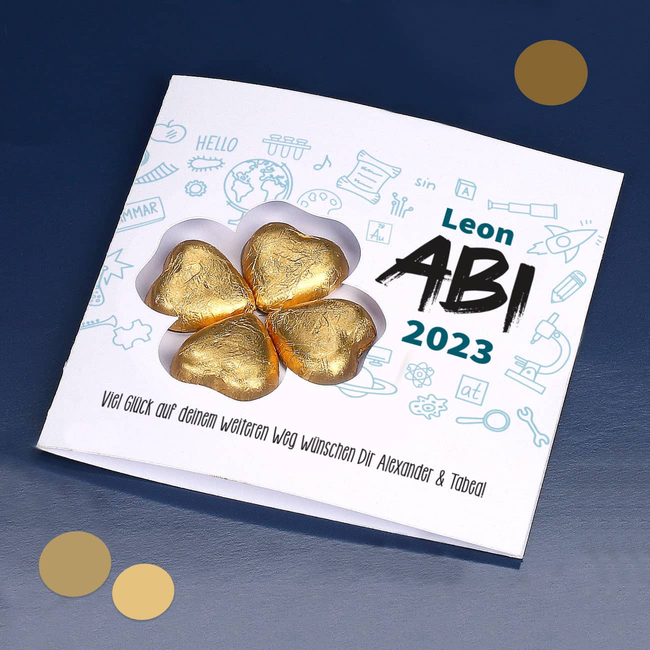 Abi Glückwunschkarte mit Name, Jahr, Wunschtext & Lindt Schokoladen-Kleeblatt