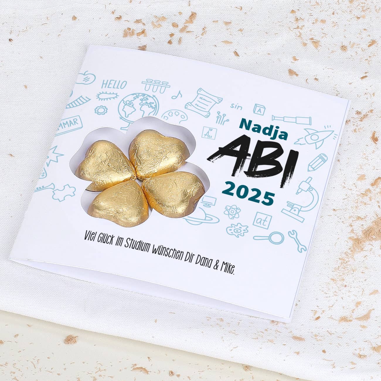 Abi Glückwunschkarte mit Lindt Schokoladen-Kleeblatt &  Umschlag
