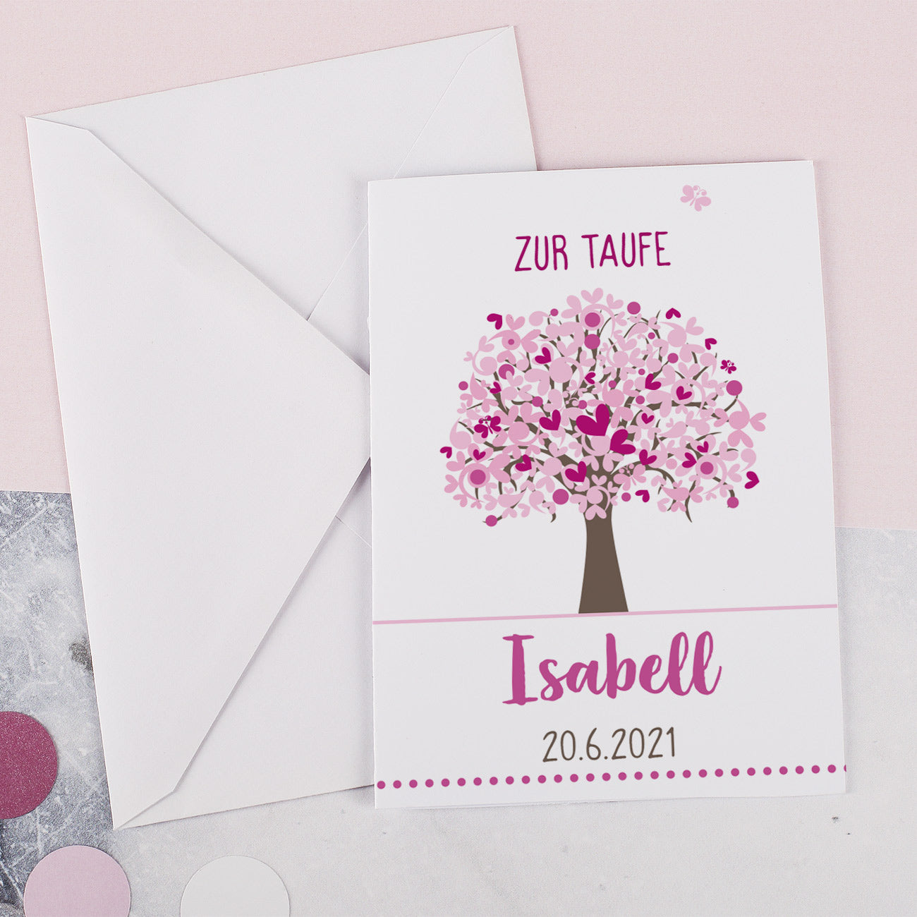 Persönlich bedruckte Taufkarte mit Lebensbaum in rosa