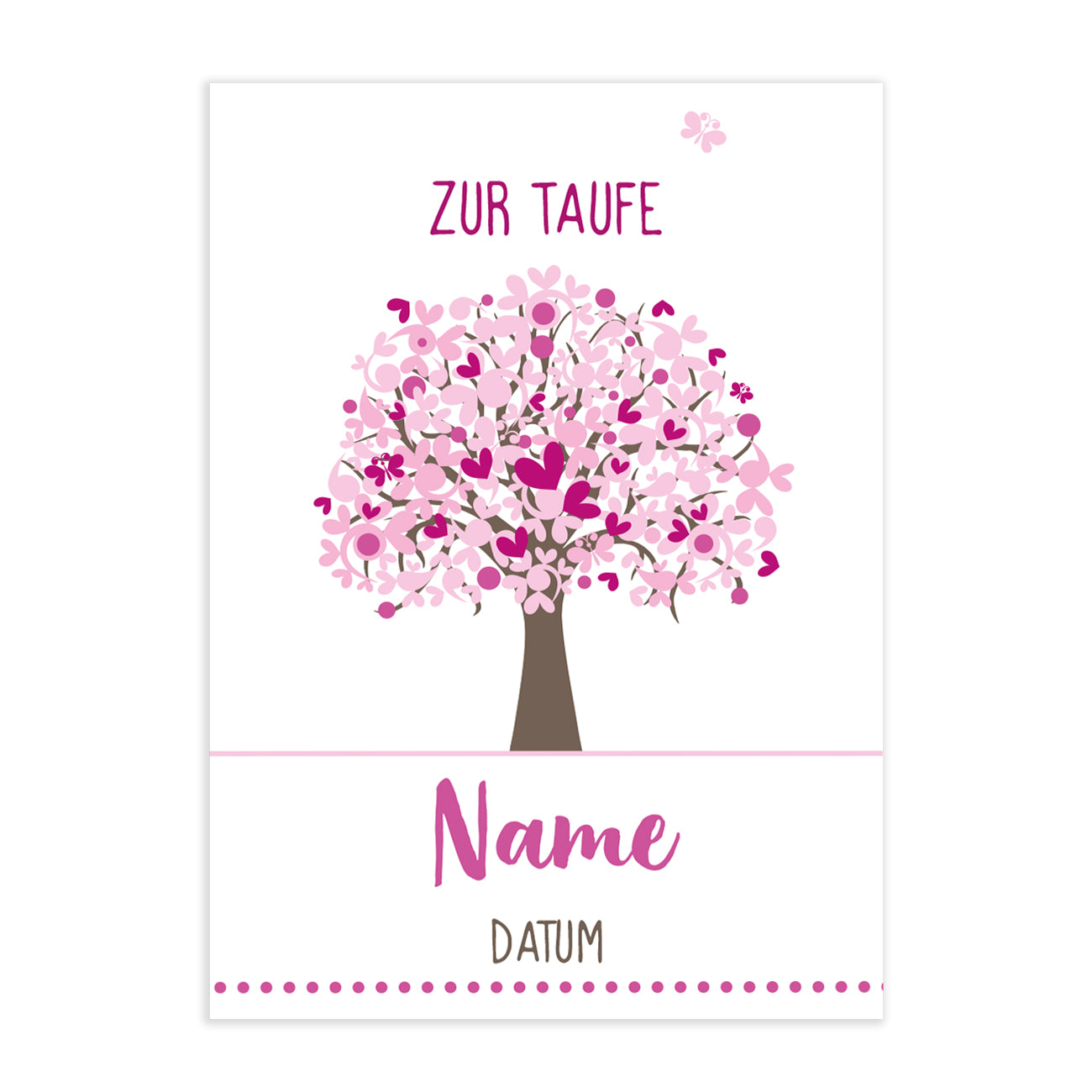 Rosafarbene Lebensbaum-Taufkarte mit Ihren Wunschangaben versehen