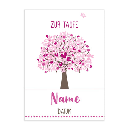 Rosafarbene Lebensbaum-Taufkarte mit Ihren Wunschangaben versehen