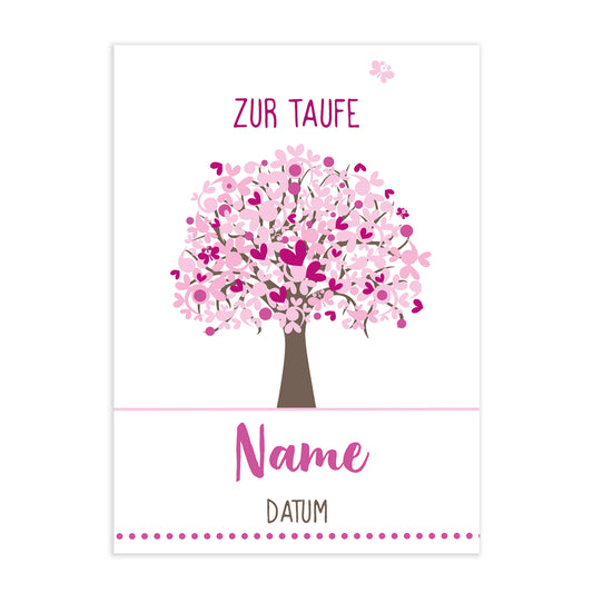 Rosafarbene Lebensbaum-Taufkarte mit Ihren Wunschangaben versehen