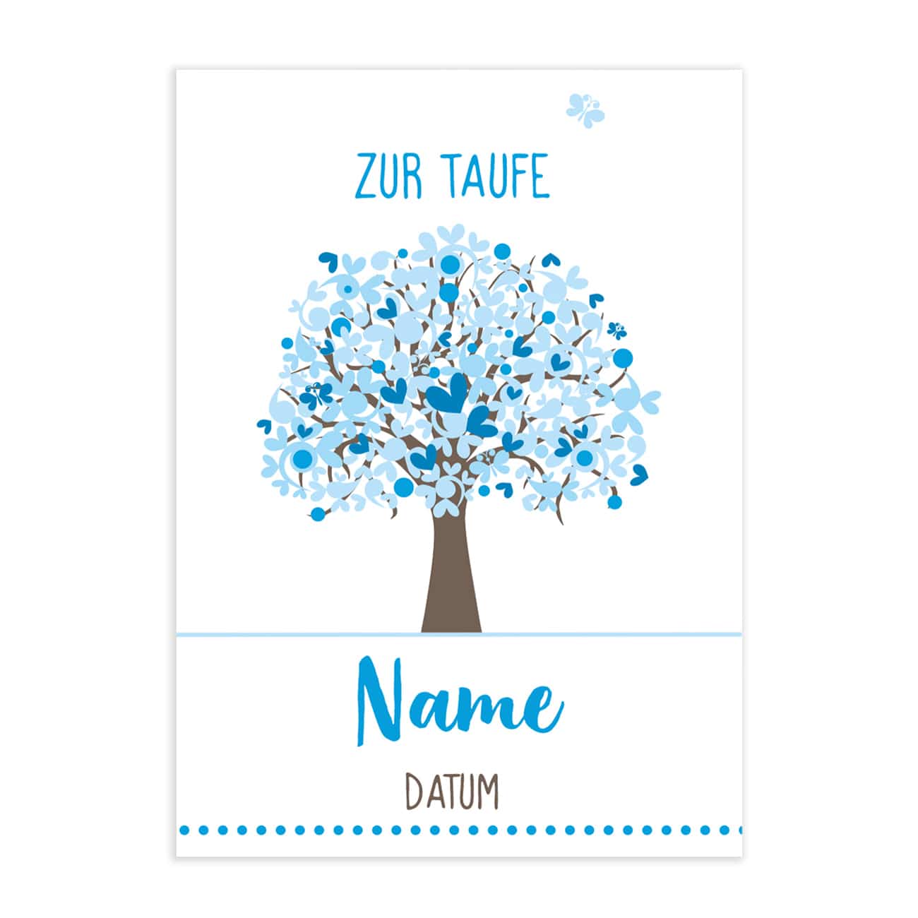 Blaue Klappkarte zur Taufe mit Lebensbaum und Ihren Wunschangaben gestaltet
