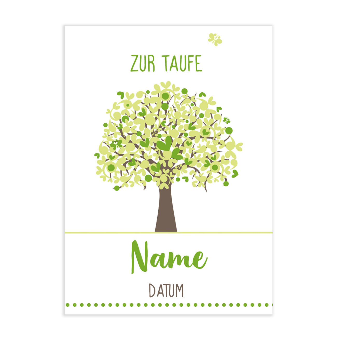 Taufkarte in grün mit Lebensbaum, Ihrem Wunschnamen sowie einem individuellen Datum gestaltet