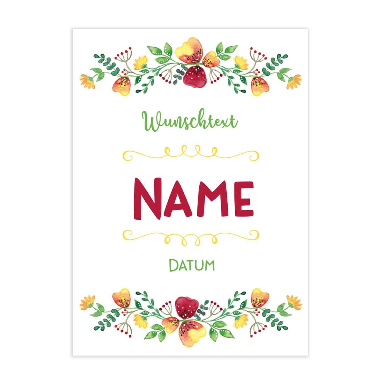 Klappkarte zur Kommunion, Konfirmation oder Taufe mit Ihrem Wunschaufdruck und schönen Blumenkränzen versehen