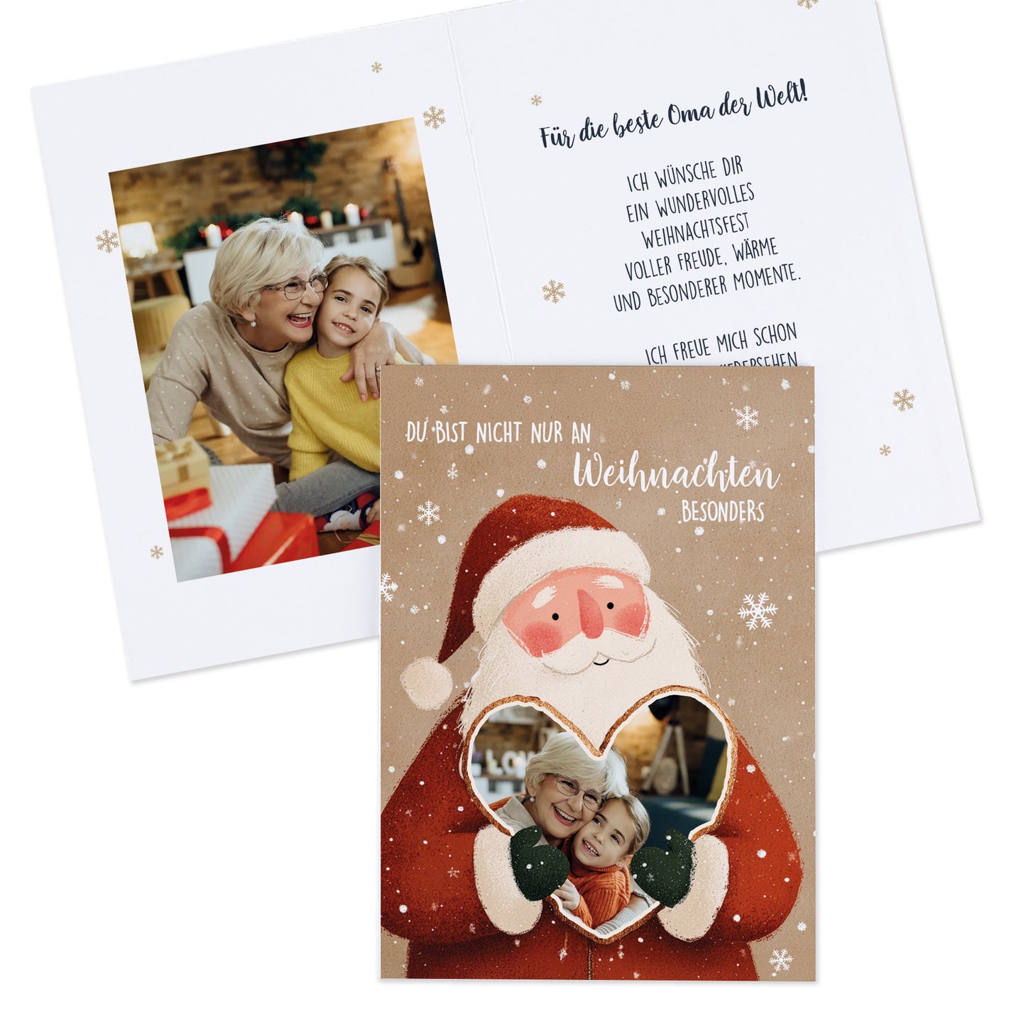 Weihnachtskarte mit Weihnachtsmann-Motiv und Herzfoto, daneben offene Karte mit persönlichem Gruß.