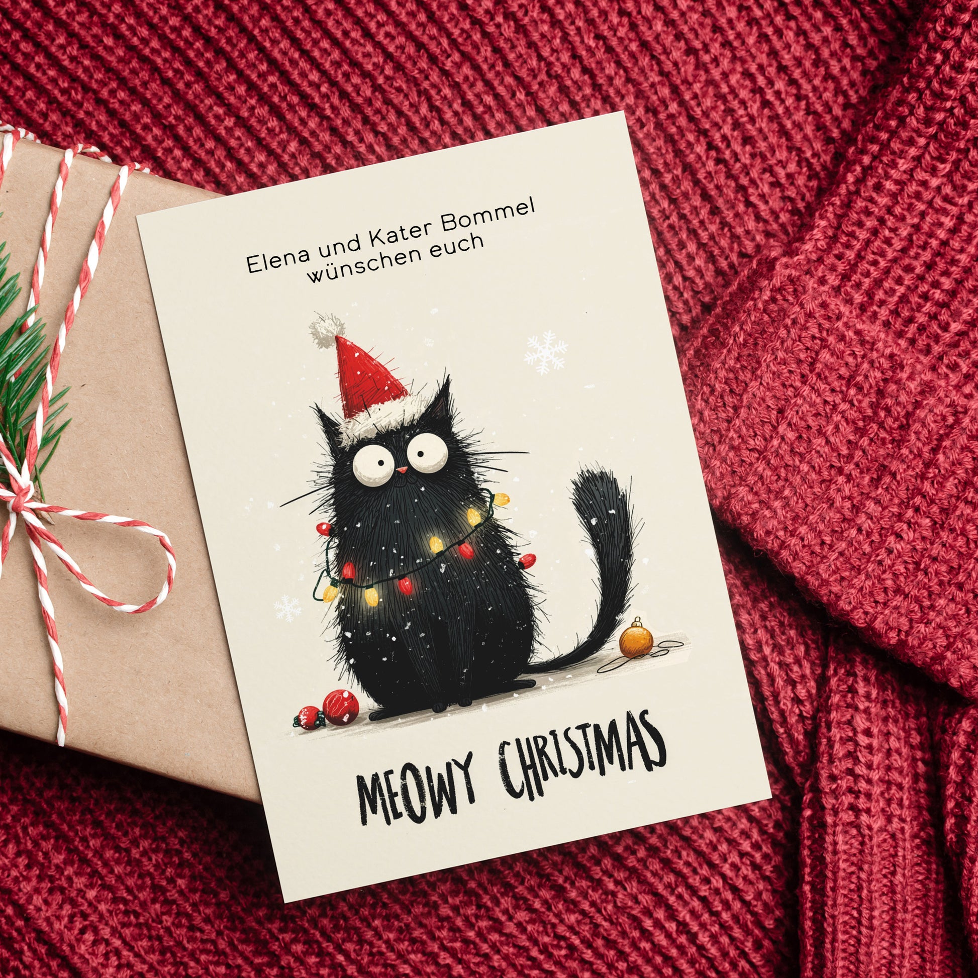 Personalisierbare Weihnachtskarte mit lustigem Katzenmotiv – schwarze Katze mit Nikolaushut und Lichterkette, Text: Meowy Christmas.