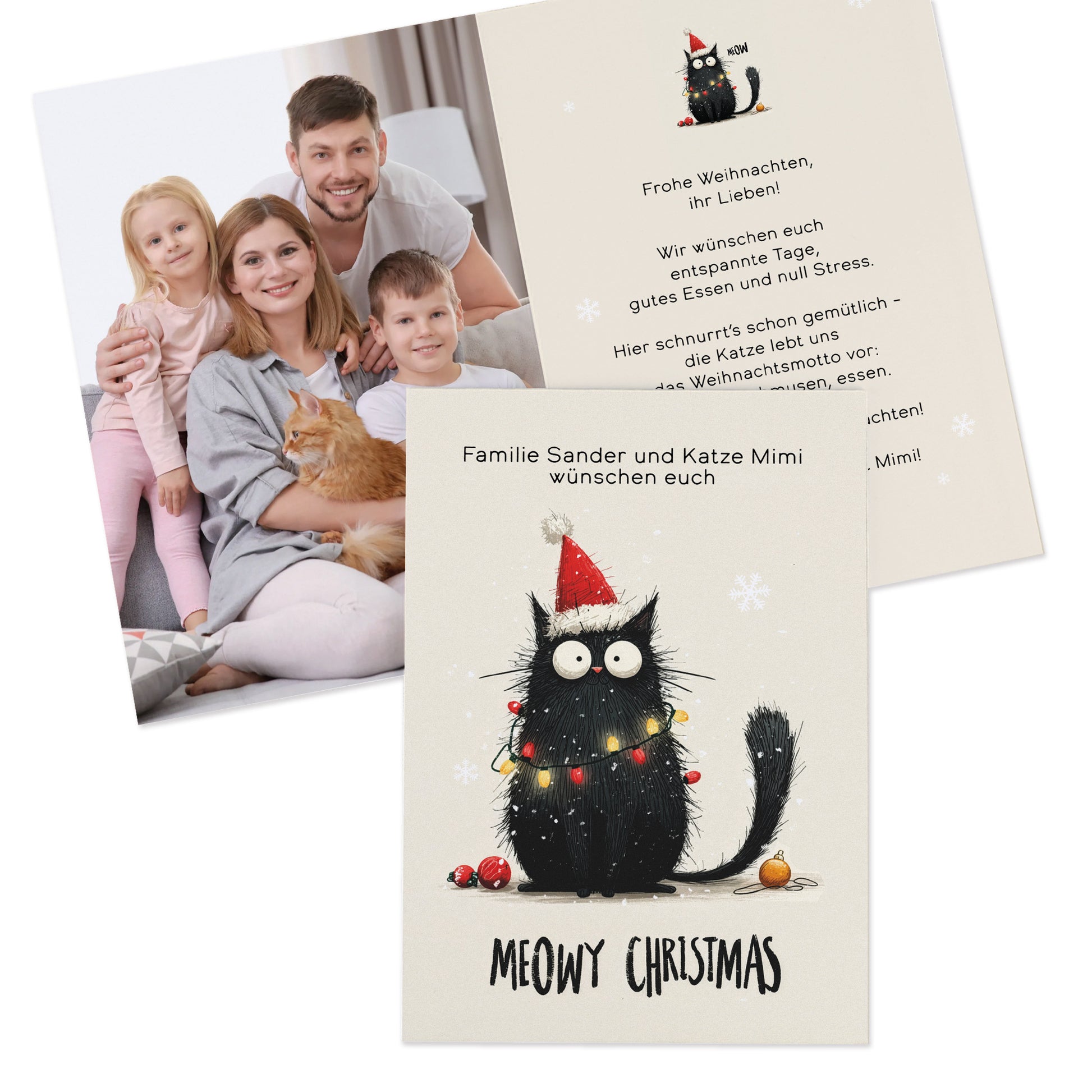 Personalisierte Weihnachtskarte mit Familienfoto auf der Innenseite und niedlichem Katzenmotiv auf der Vorderseite.