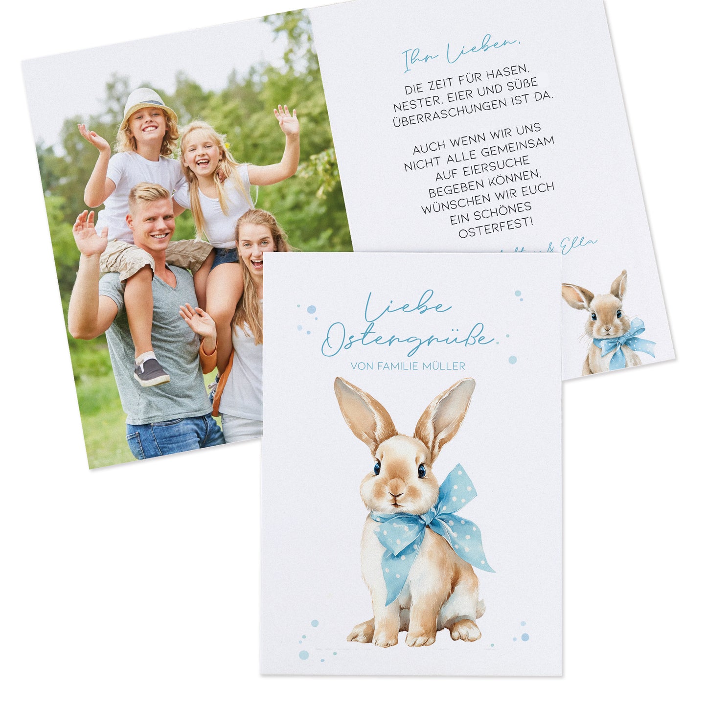 Geöffnete Oster Klappkarte mit persönlichem Foto auf der linken Seite und individuellem Ostergrußtext im Innenteil