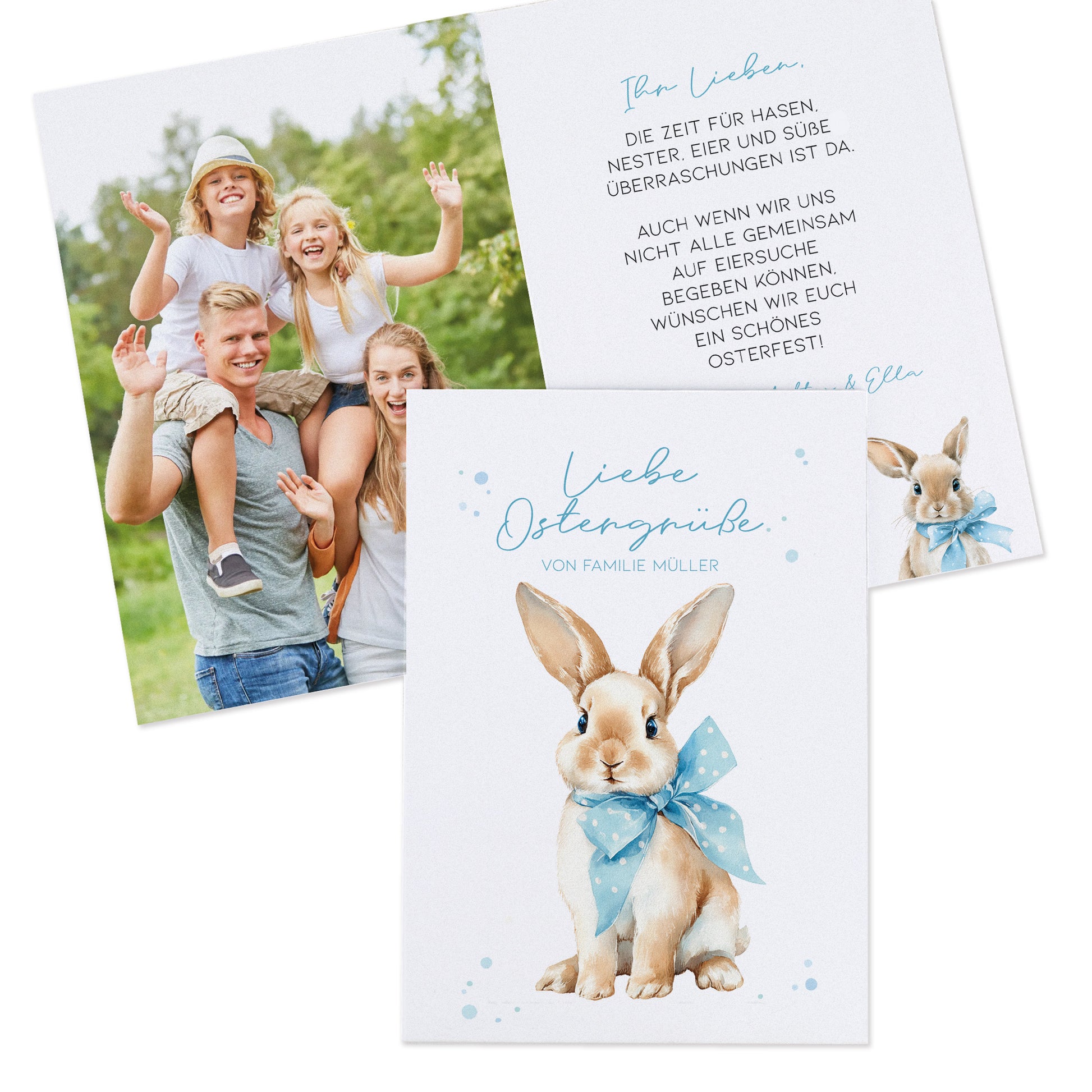 Geöffnete Oster Klappkarte mit persönlichem Foto auf der linken Seite und individuellem Ostergrußtext im Innenteil