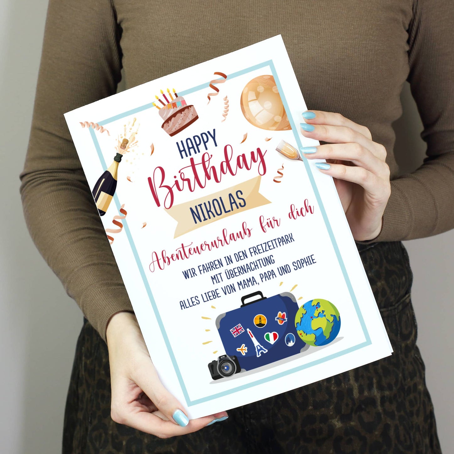 Happy Birthday Karte in DIN A4 mit Reisemotiv und Personalisierung
