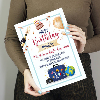 Happy Birthday Karte in DIN A4 mit Reisemotiv und Personalisierung