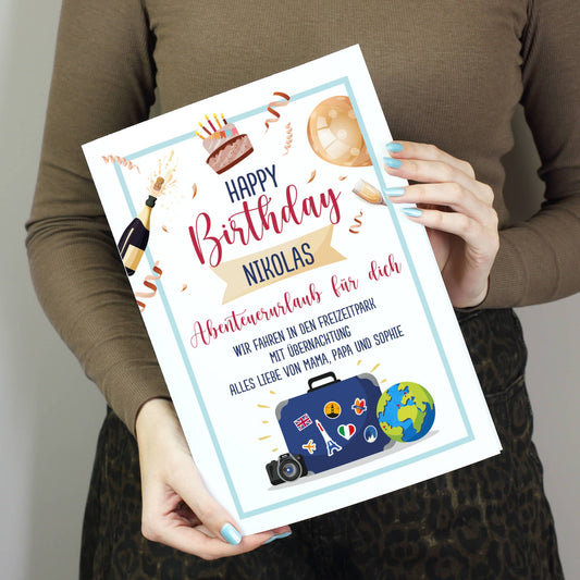 Happy Birthday Karte in DIN A4 mit Reisemotiv und Personalisierung