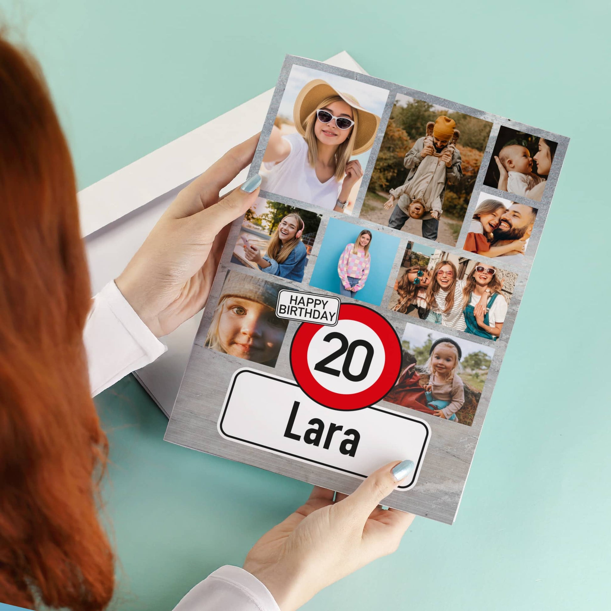 Große Klappkarte zum Geburtstag mit neun Foto, Name und Alter