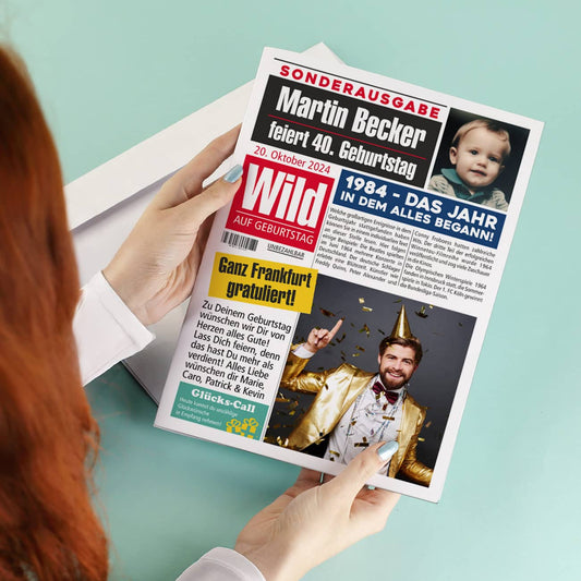 Große Klappkarte Geburtstagszeitung mit Ihren Fotos und individuellem Text
