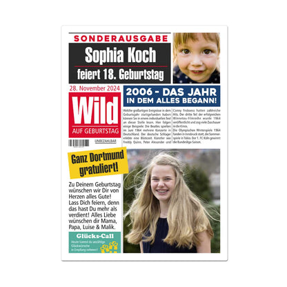 Klappkarte 18. Geburtstag in Zeitungsoptik mit Ihren Fotos und individuellem Text