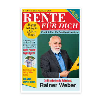 Große Klappkarte A4 zur Rente im Boulevard-Zeitungsdesign mit Foto & Wunschtext