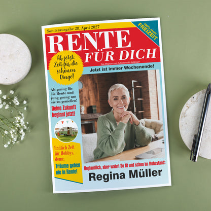 Große Klappkarte A4 zur Rente im Boulevard-Zeitungsdesign mit Foto & Wunschtext