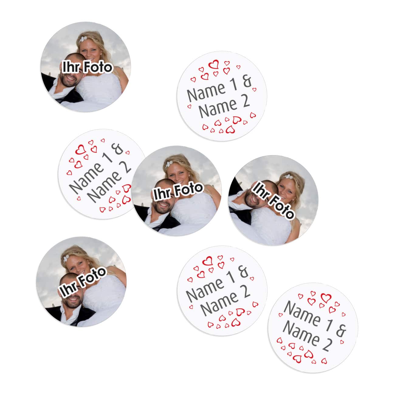 Tischdekoration zur Hochzeit - Fotokonfetti mit Namen und Herzen