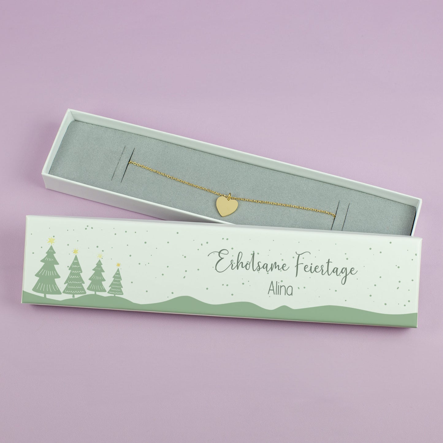 Geschenkbox für Armbänder zu Weihnachten mit Name Alina und Schriftzug Erholsame Feiertage