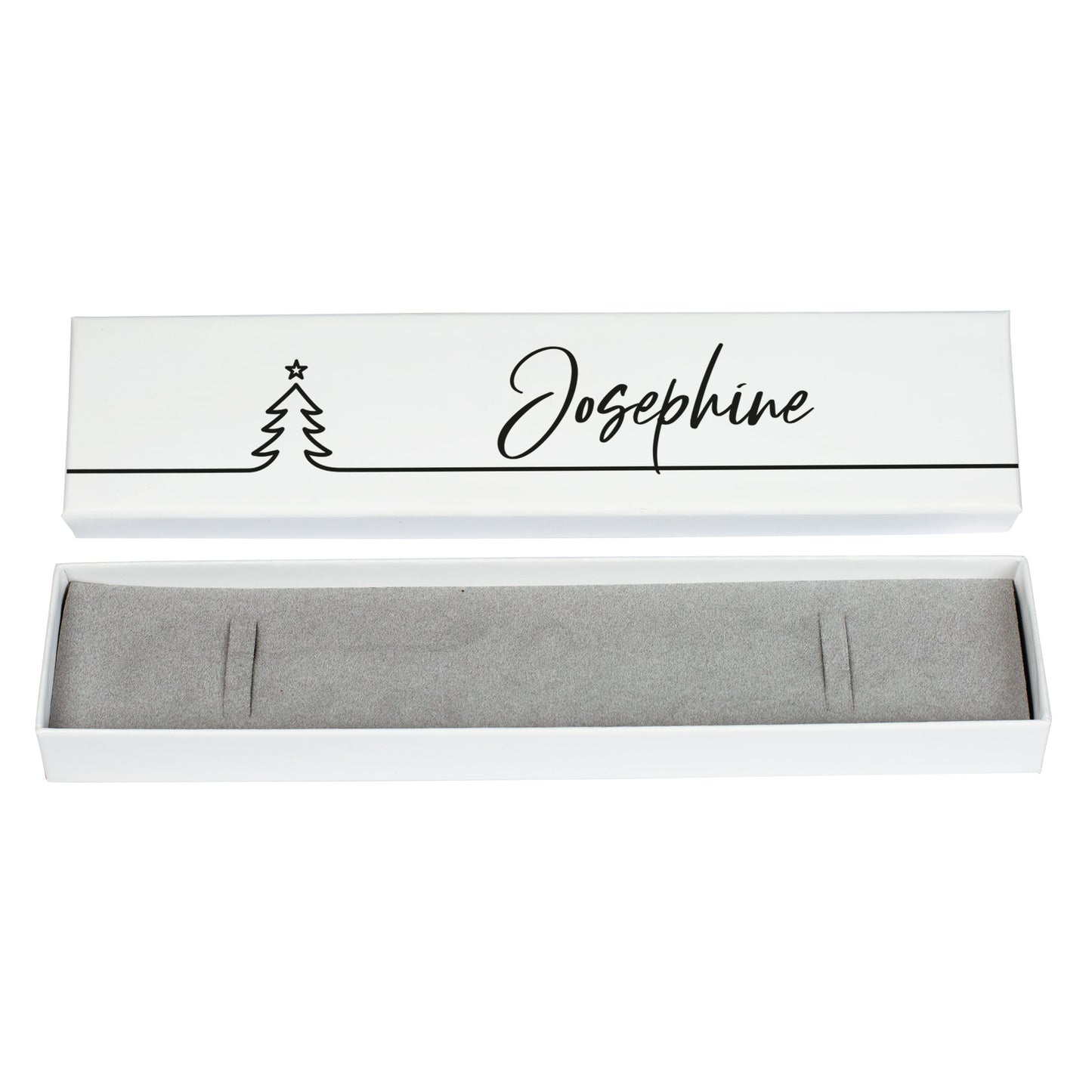 Weihnachts-Schmuckbox Line-Art in Weiß mit Name Josephine, Vorderansicht