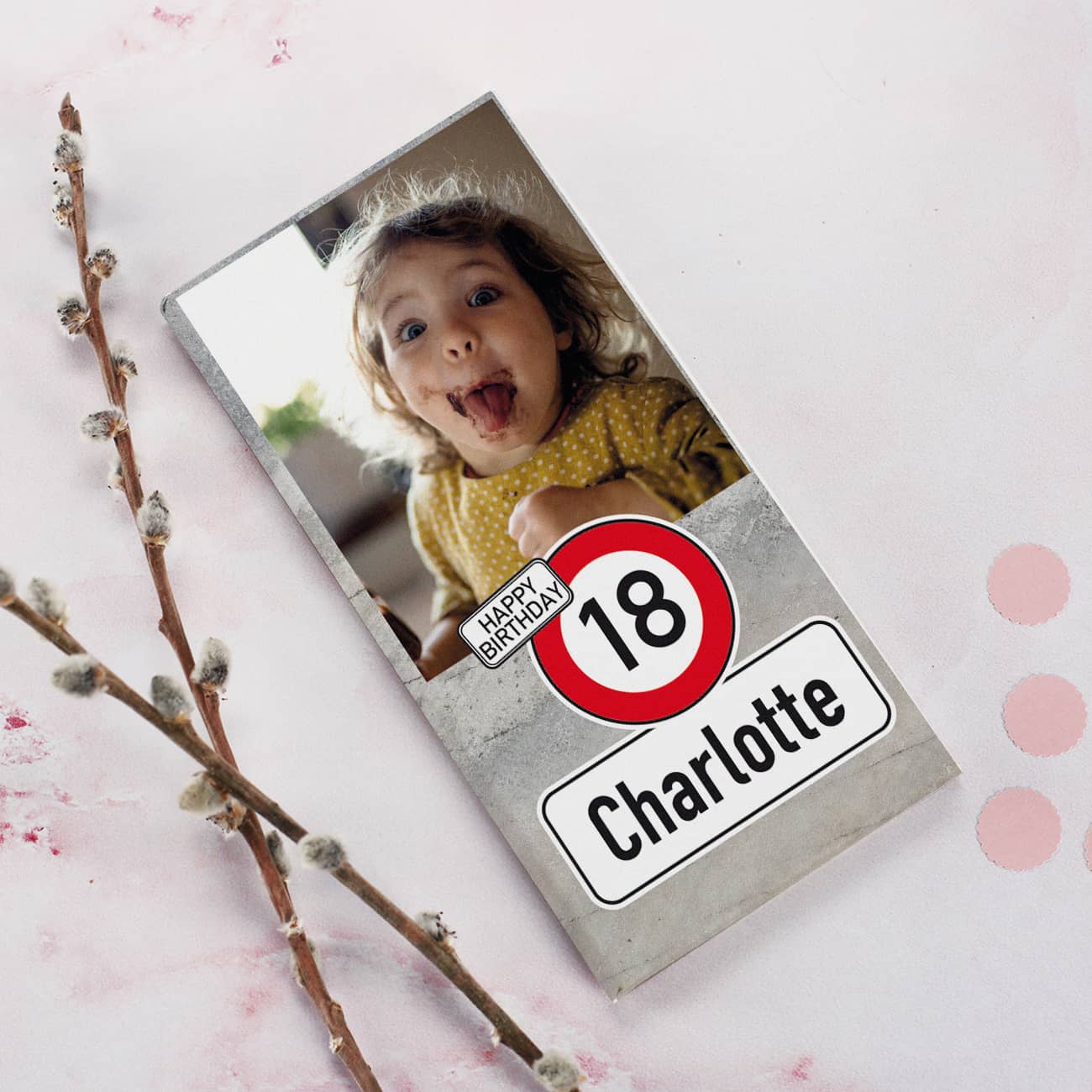 Foto-Schokolade mit Verkehrszeichen, Foto, Alter & Name zum Geburtstag