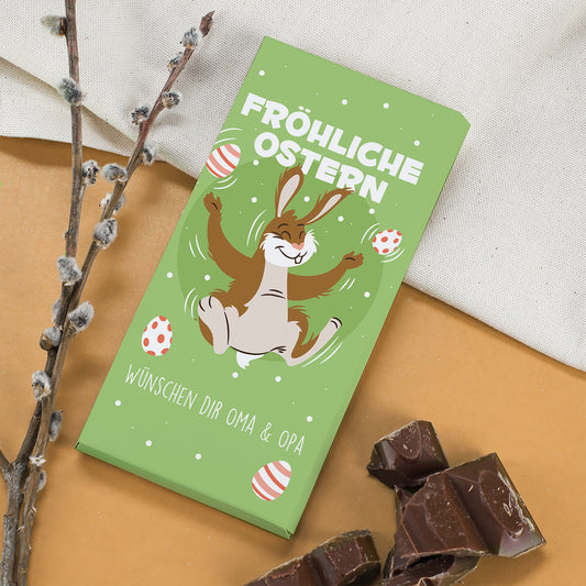 Schokolade zu Ostern mit Wunschtext und fröhlichem Osterhasenmotiv