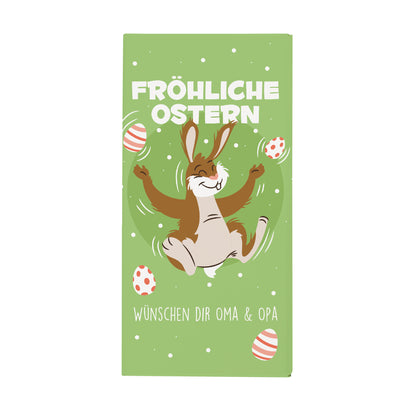 Schokolade zu Ostern mit Wunschtext und fröhlichem Osterhasenmotiv