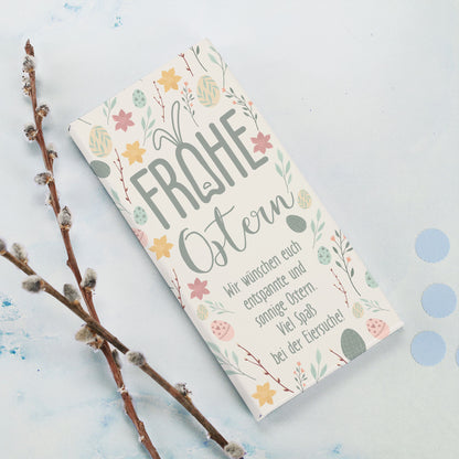 Schokoladentafel zu Ostern mit Wunschtext und pastellfarbenen Motiven | 100g